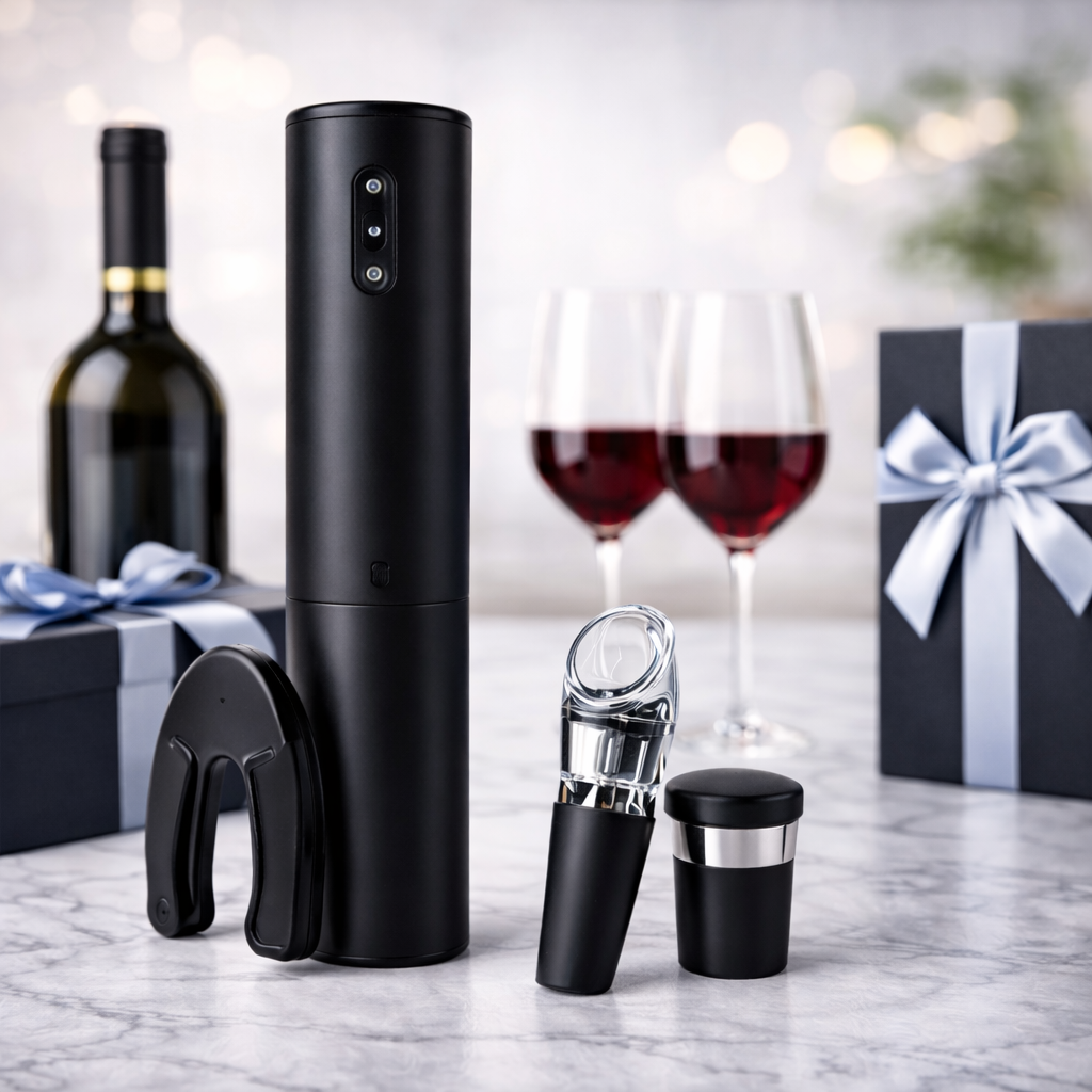 Tirbuson Electric + tăietor de folie, turnător cu aerator, dop de vid