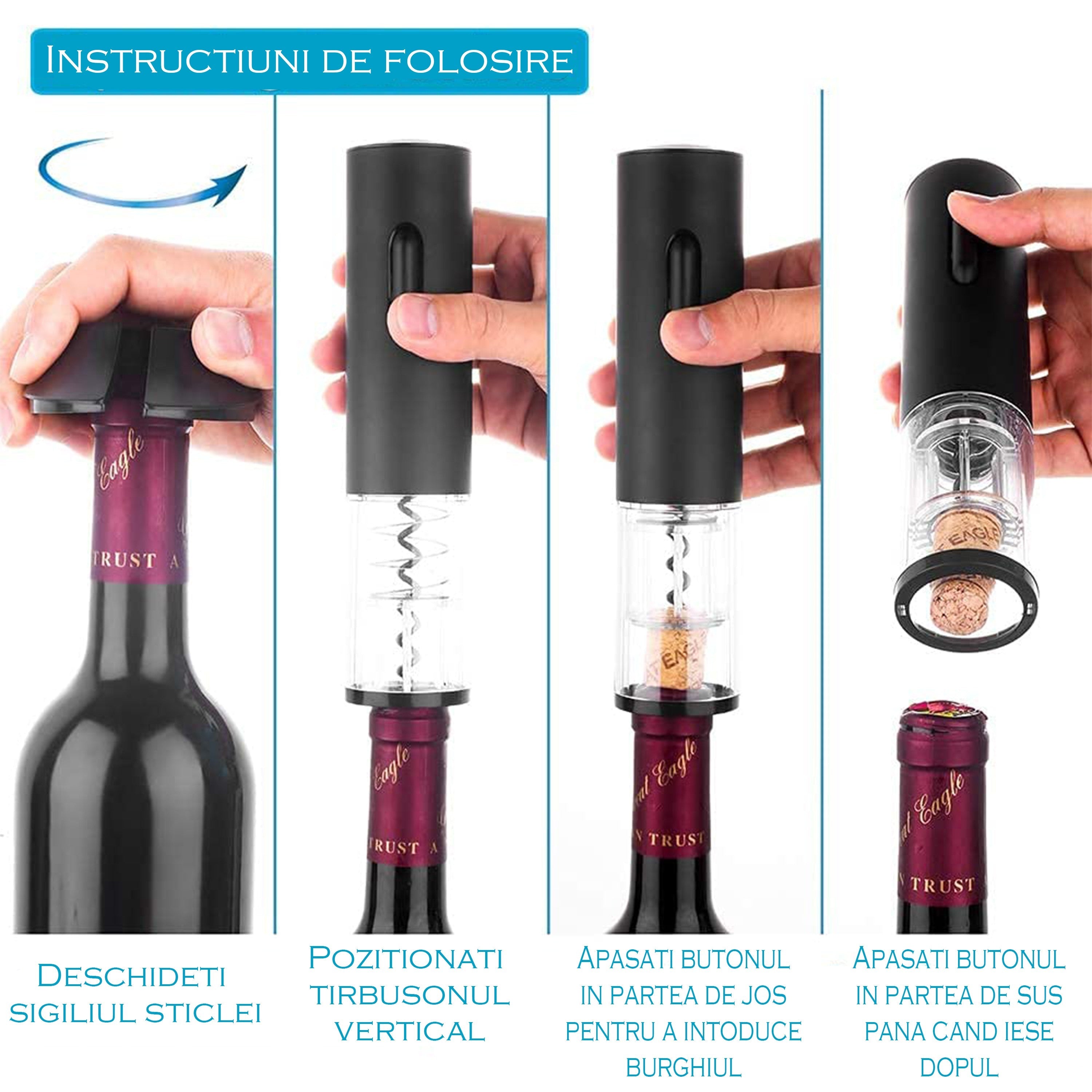 Tirbuson Electric + tăietor de folie, turnător cu aerator, dop de vid