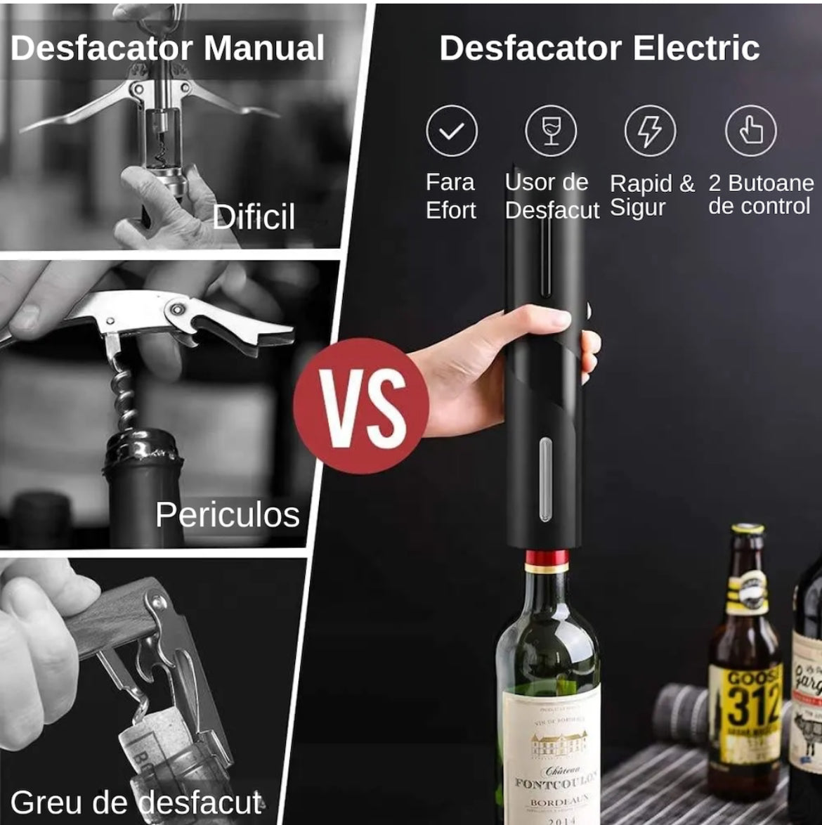 Tirbuson Electric + tăietor de folie, turnător cu aerator, dop de vid